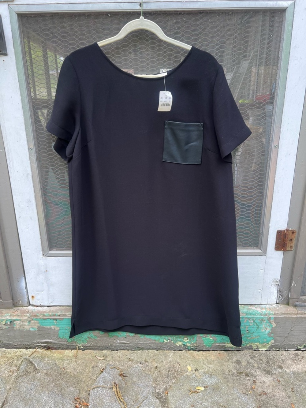 NWT J. Crew Black Short-Sleeve Shift with Faux Leather Pocket